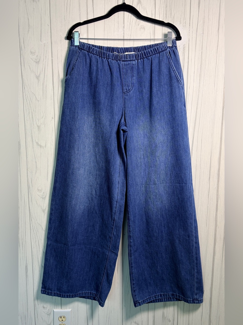 PACSUN Women’s M/L Wide Leg Denim Pull-On Pants Elastic Waist Cotton Blend, Blu